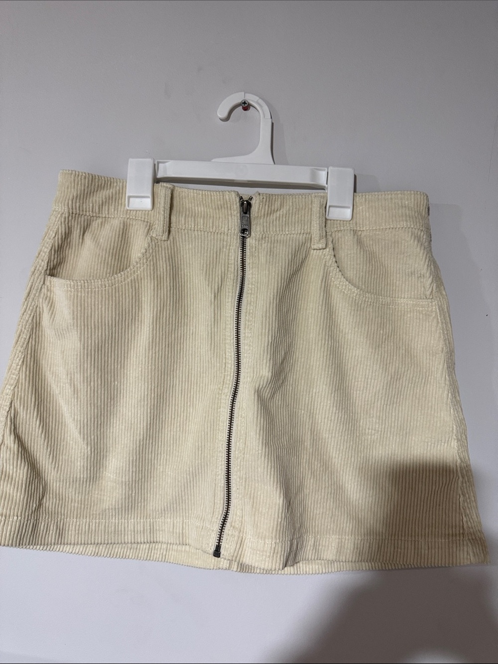American Eagle Outfitters Cream Corduroy Front-Zip Mini Skirt